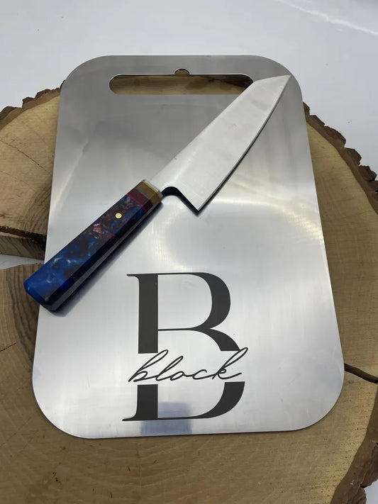 Azuro Titan Set – Real Metal Cutting Board & Handcrafted Sharp Chef’s Knife, Personalized with Your Logo or Name